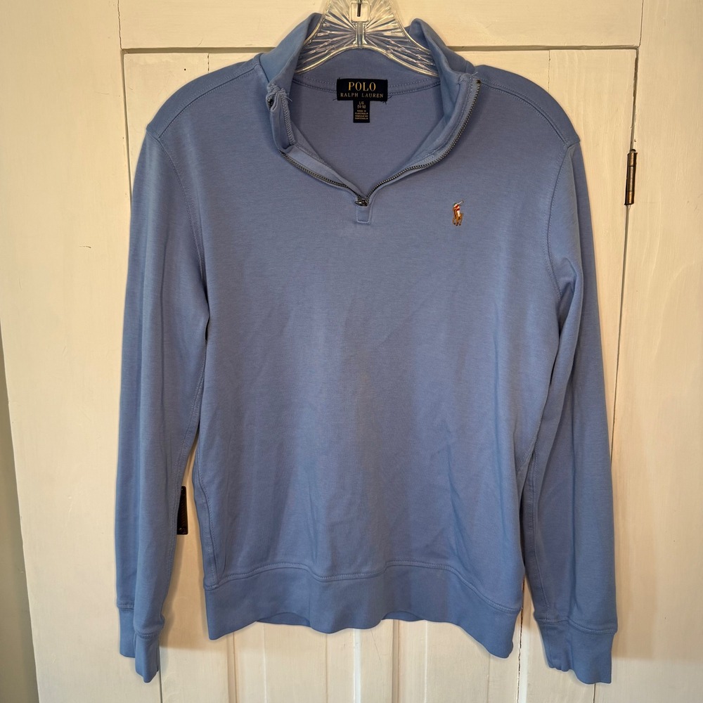 Polo Ralph Lauren Boys LG 14-16 Light Blue Cotton Quarter Zip Pullover Sweater